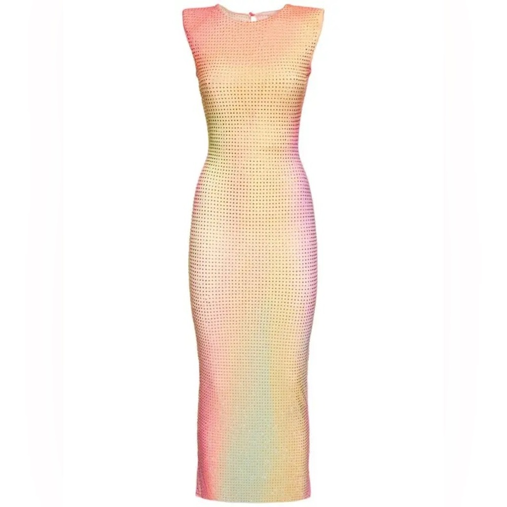 NWOT Self-Portrait Rainbow Print Hotfix Mesh Midi Dress